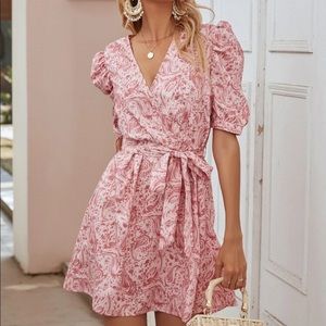 Boho floral paisley surplice neck belted dress